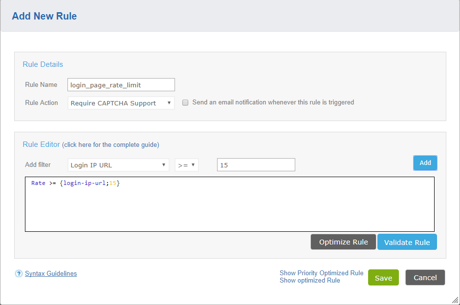 Sample IncapRule filters an IP that made more than 15 POST requests in one minute to a URL that has the word login: