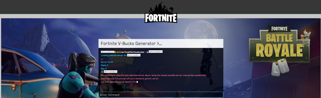 then a small terminal appears on screen streaming commands that imitate hacking into the fortnite database and adding v bucks to your user - fortnite generator ads