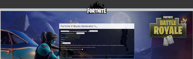 then a small terminal appears on screen streaming commands that imitate hacking into the fortnite database and adding v bucks to your user - fortnite free account generator