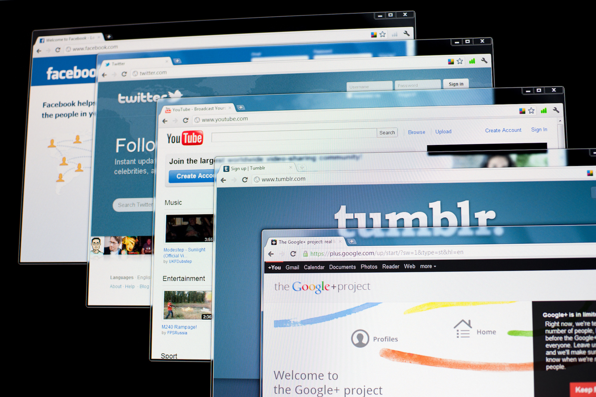 Kharkiv, Ukraine - July 5, 2011: Social media web sites on computer screen including Facebook, Twitter, Youtube, tumblr, and Google search engine. Social media sites are the most visited web sites in the world. And as new plus Google