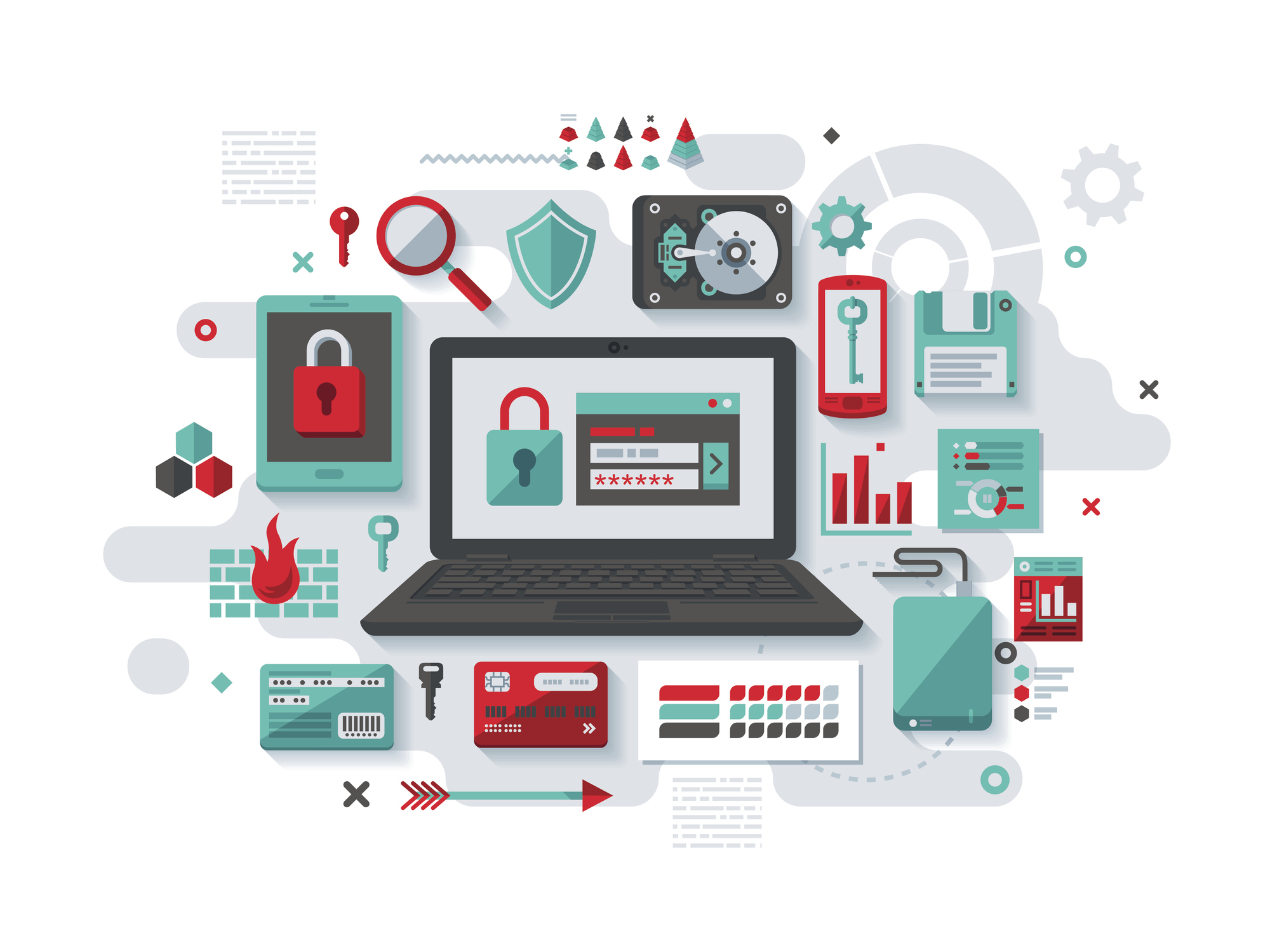 A concept illustration with flat design-styled vectors themed on IT security. EPS 10 file, layered & grouped,
