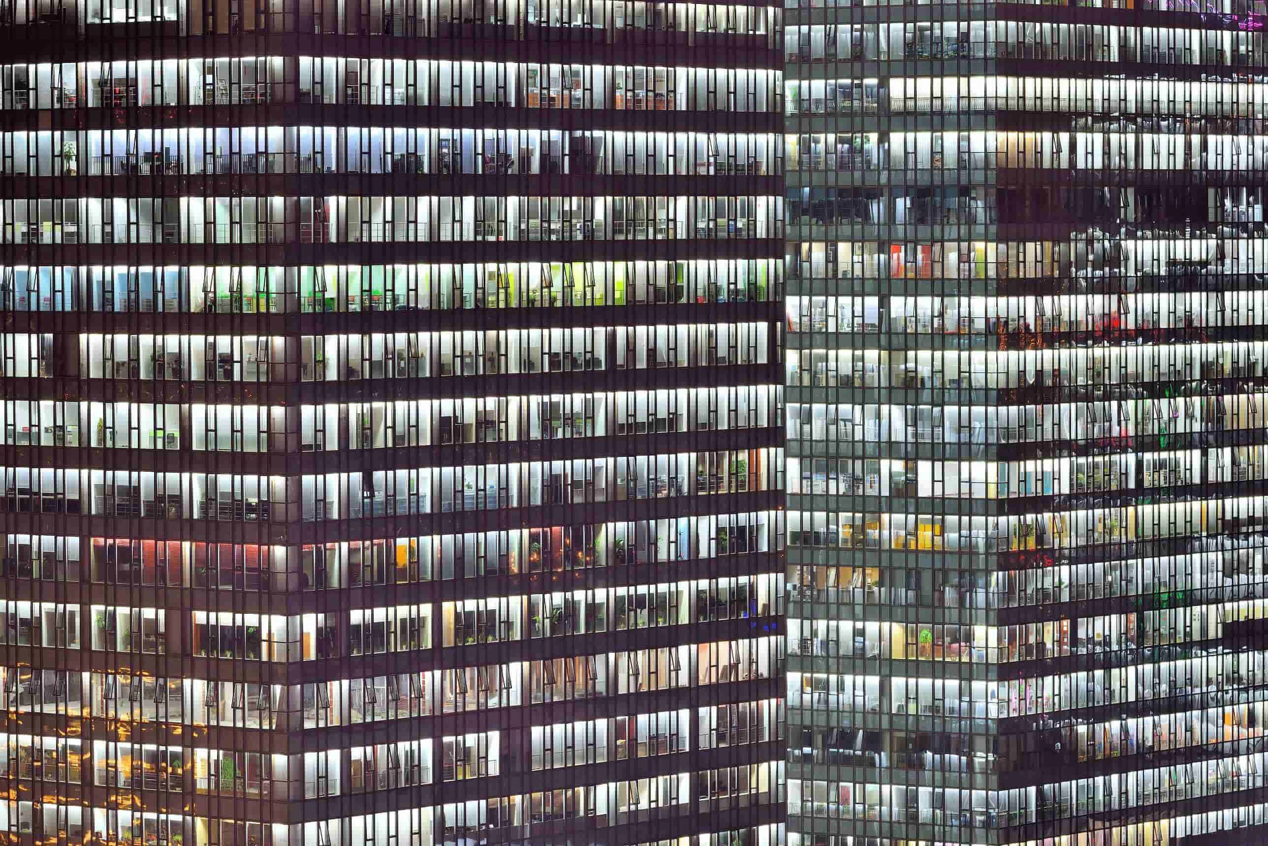 Bright skyscrapers at night in Yangpu District of Shanghai.