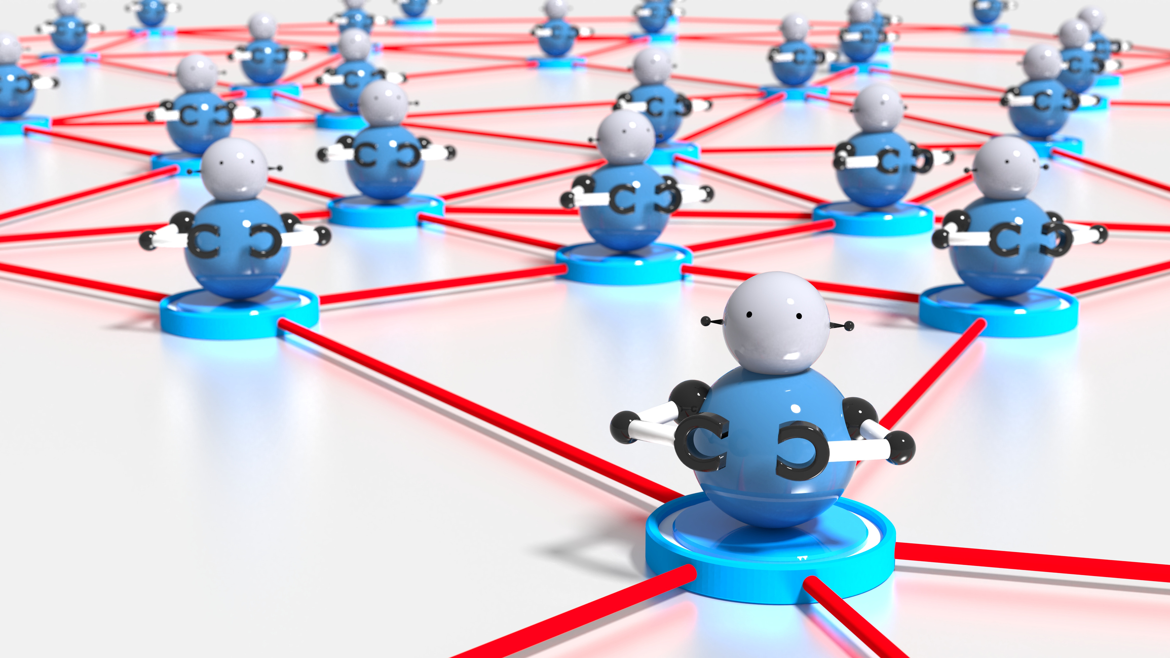 Network of platforms with bots on top botnet cybersecurity concept 3D illustration