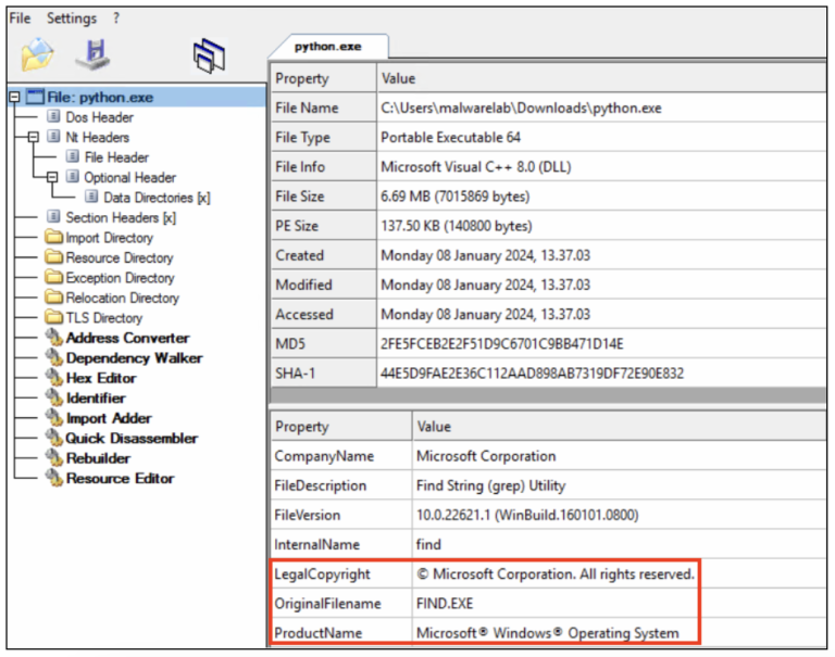 Figure 9: python.exe executable details seen in CFF explorer