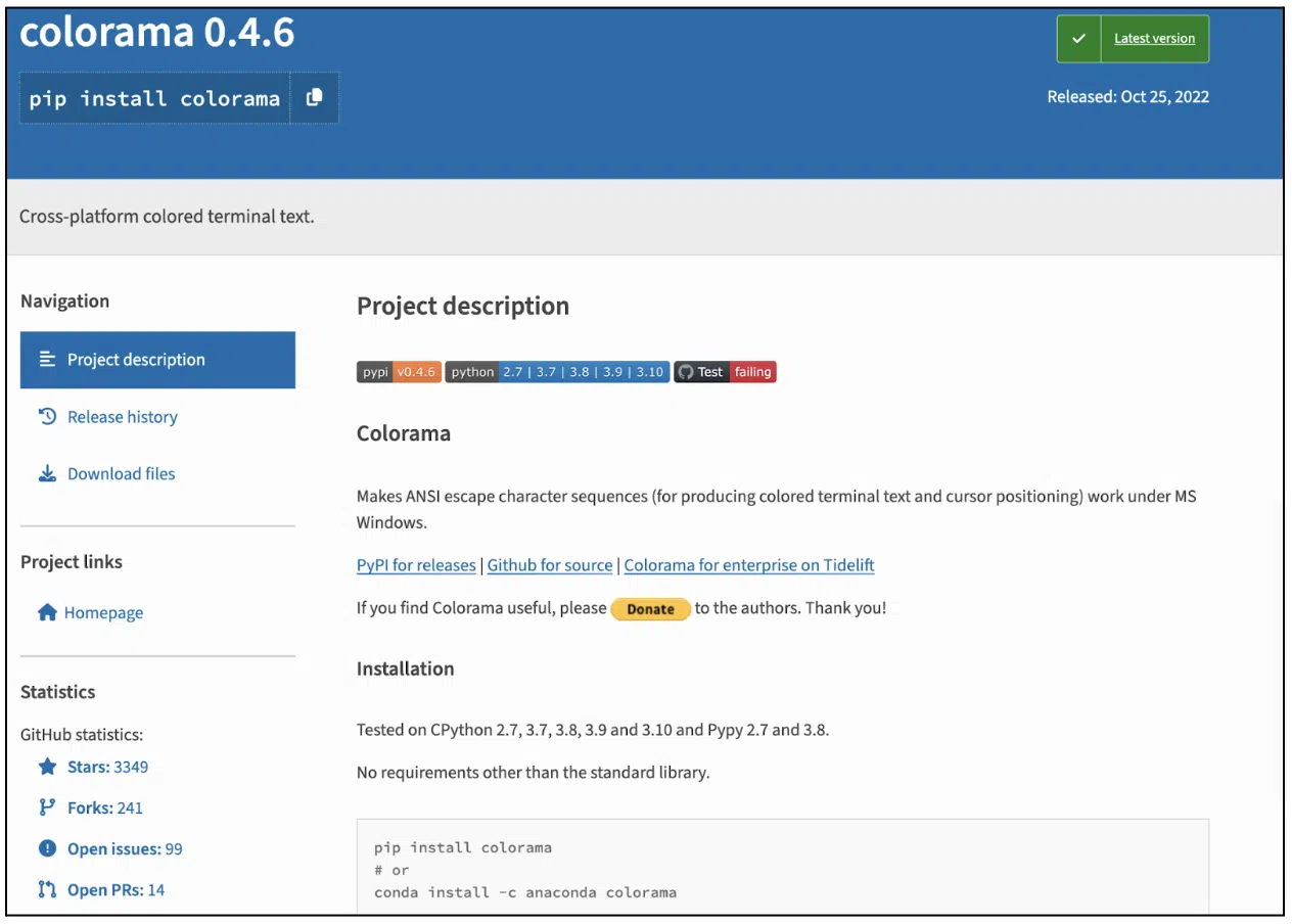 Screenshot of a Colorama package