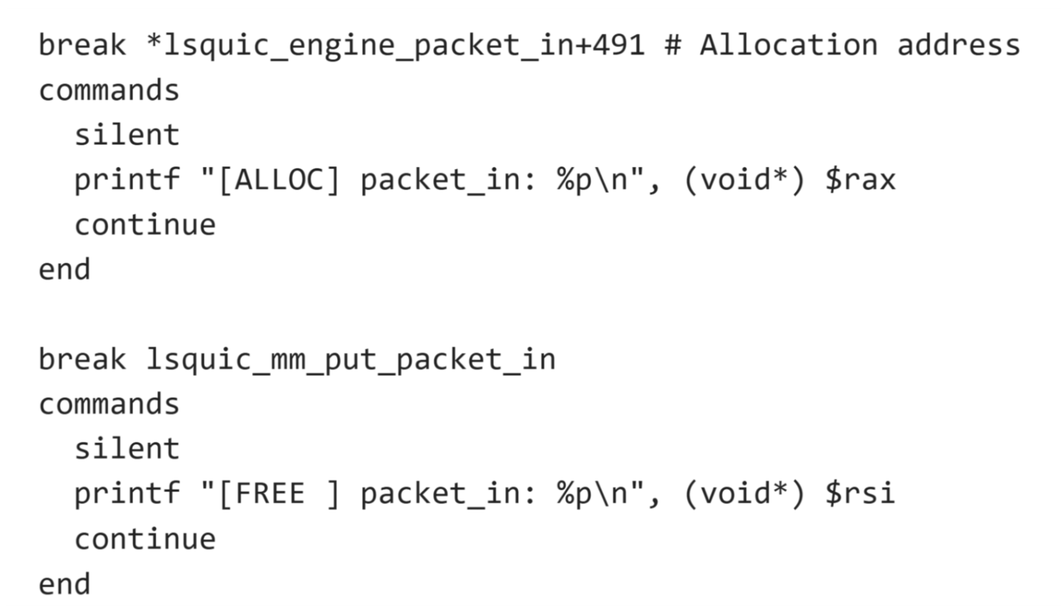 GDB script to investigate the issue.