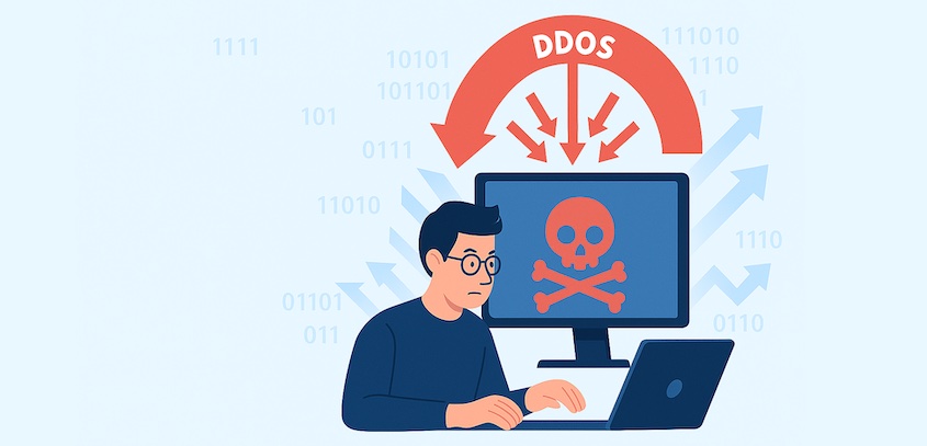 ddos attack illustration of man on computer with skull and crossbones in the background
