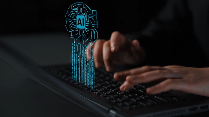 Hands Typing on a Keyboard with Floating AI Symbol