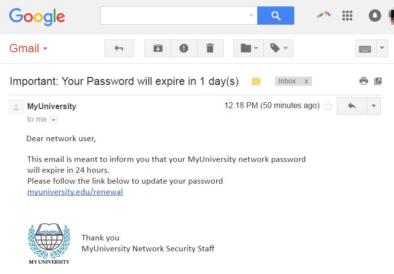 Phishing attack example - Phishing email