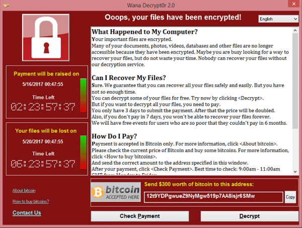 WannaCry ransomware notice displayed after it encrypts files on a machine