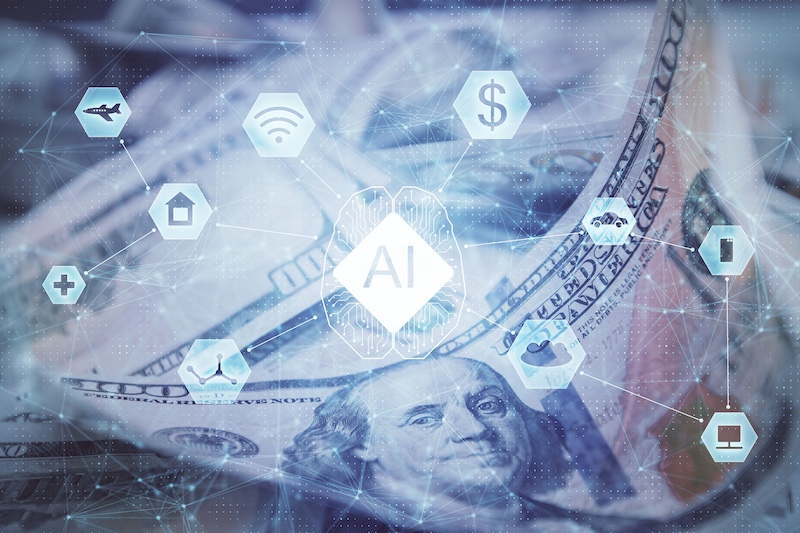 ai data theme drawing over us dollar bills