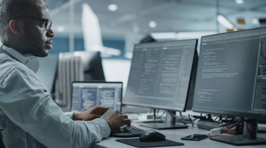 man at desk typing with three screens