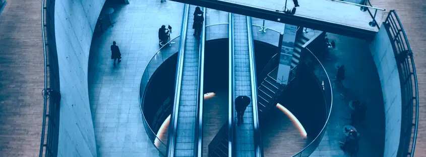 Circular building with escalators transporting people