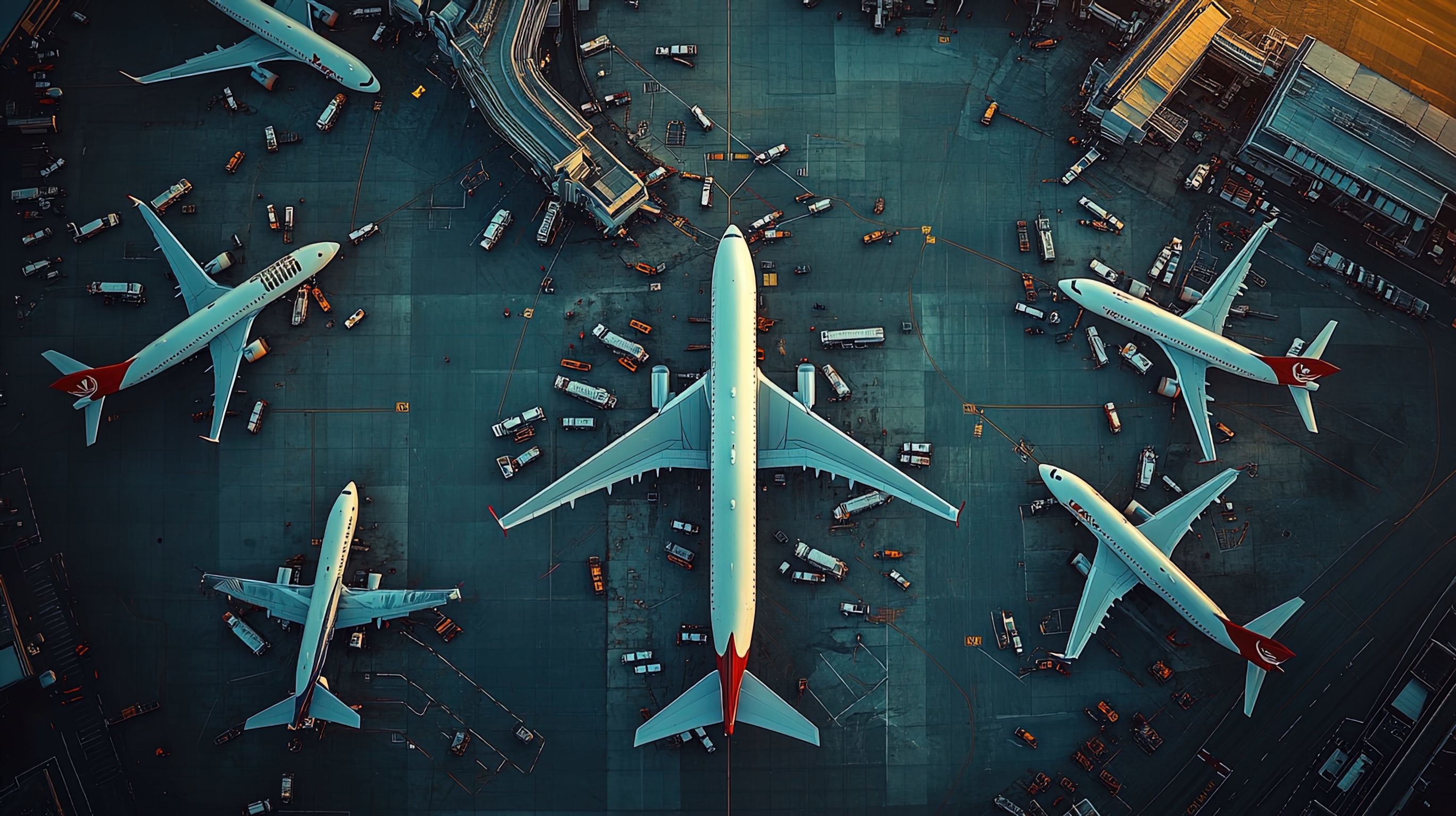aerial view of airplanes on tarmac